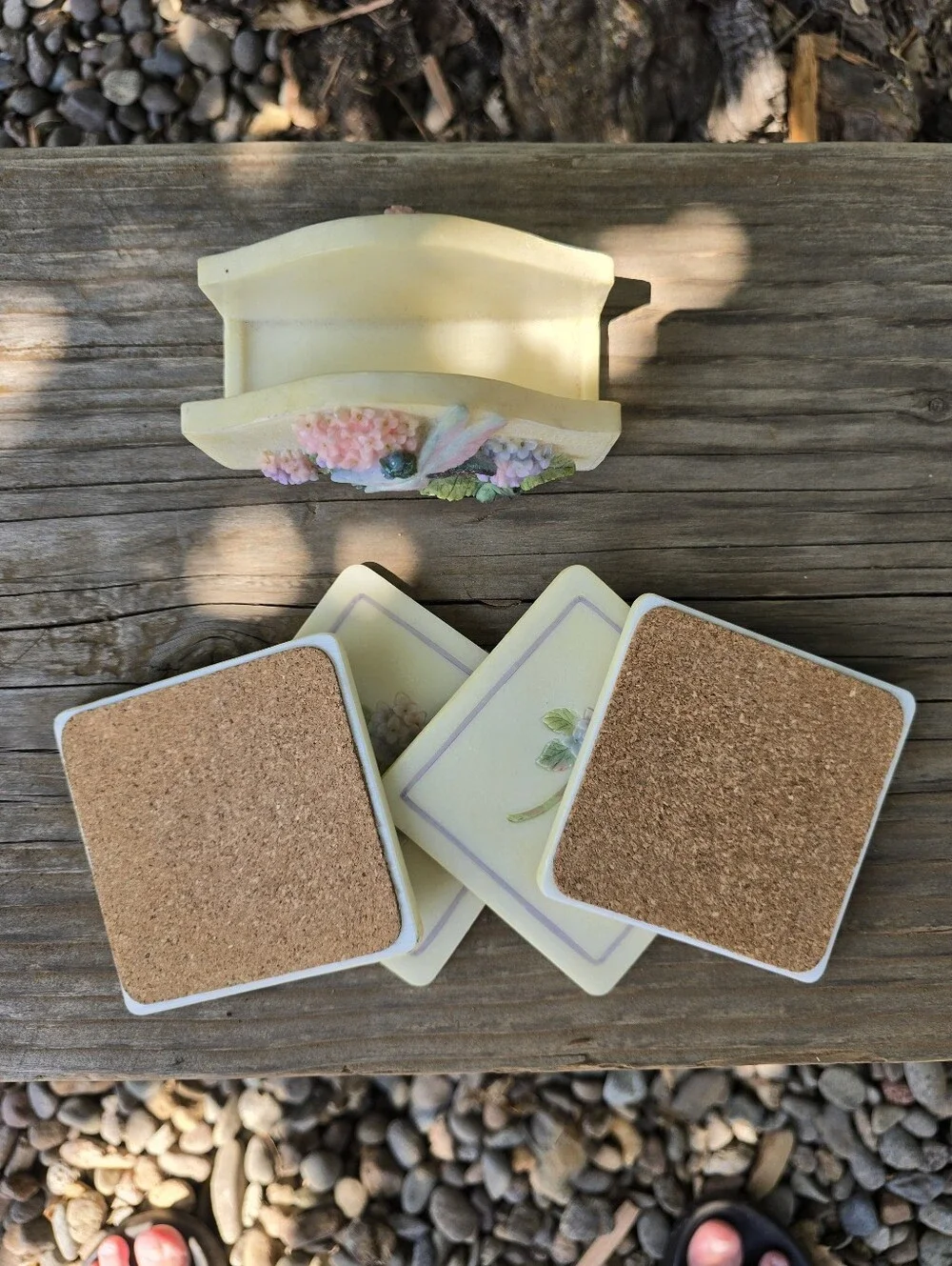 Vtg Dragonfly and Hydrangeas Pastel Coaster Set of 4 Resin 3D Cottagecore Shabby